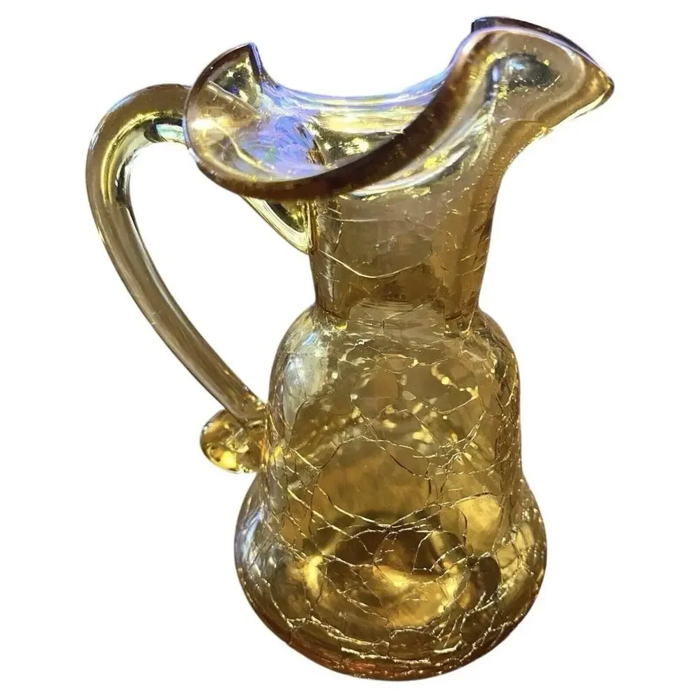 Vtg Amber Iridescent Crackle Glass Pitcher Hand Blown Ruffled Rim Mini Creamer